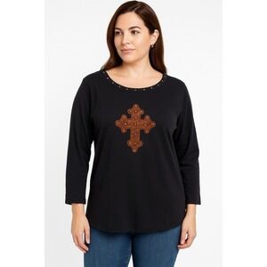 ROD'S womens Black T-shirt Short Sleeve Cross Size Medium Rhinestone